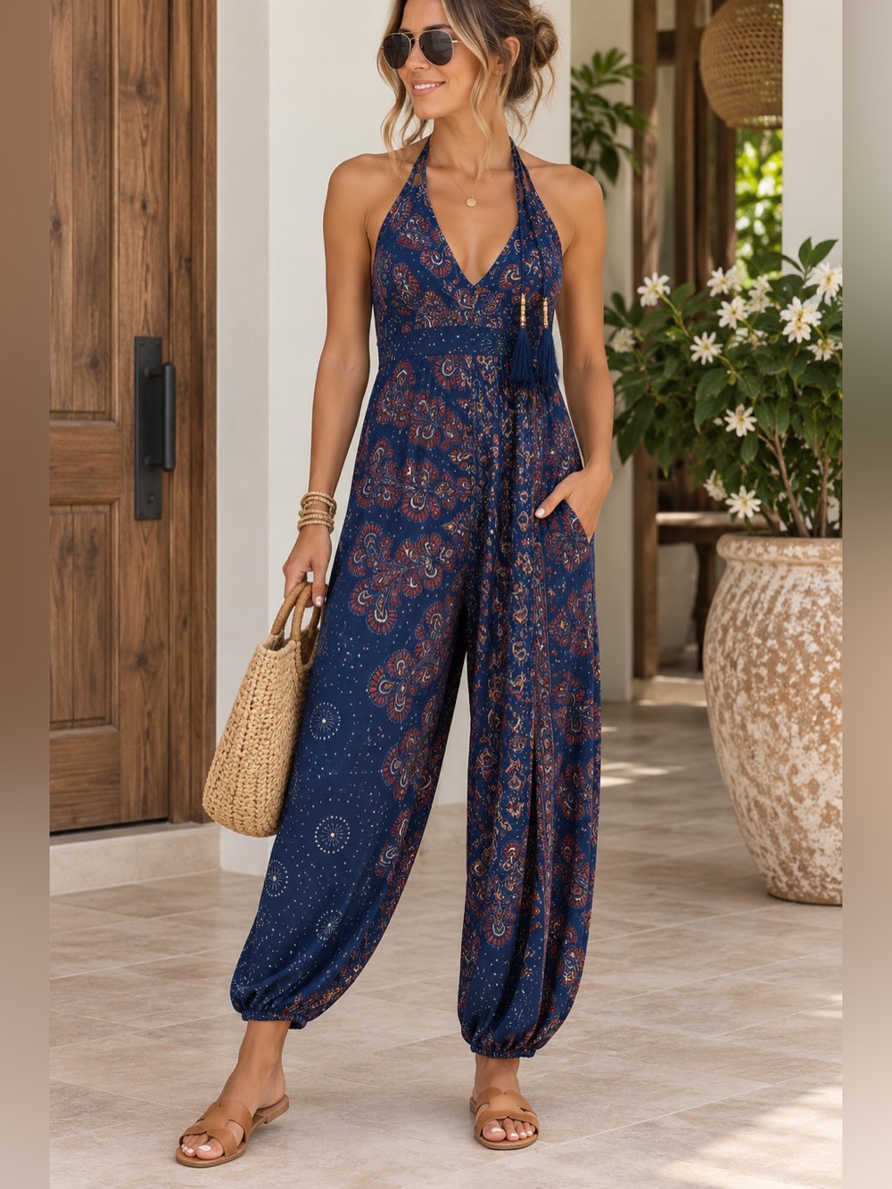 Boho Paisley Halter Harem Jumpsuit with Tassel Detail